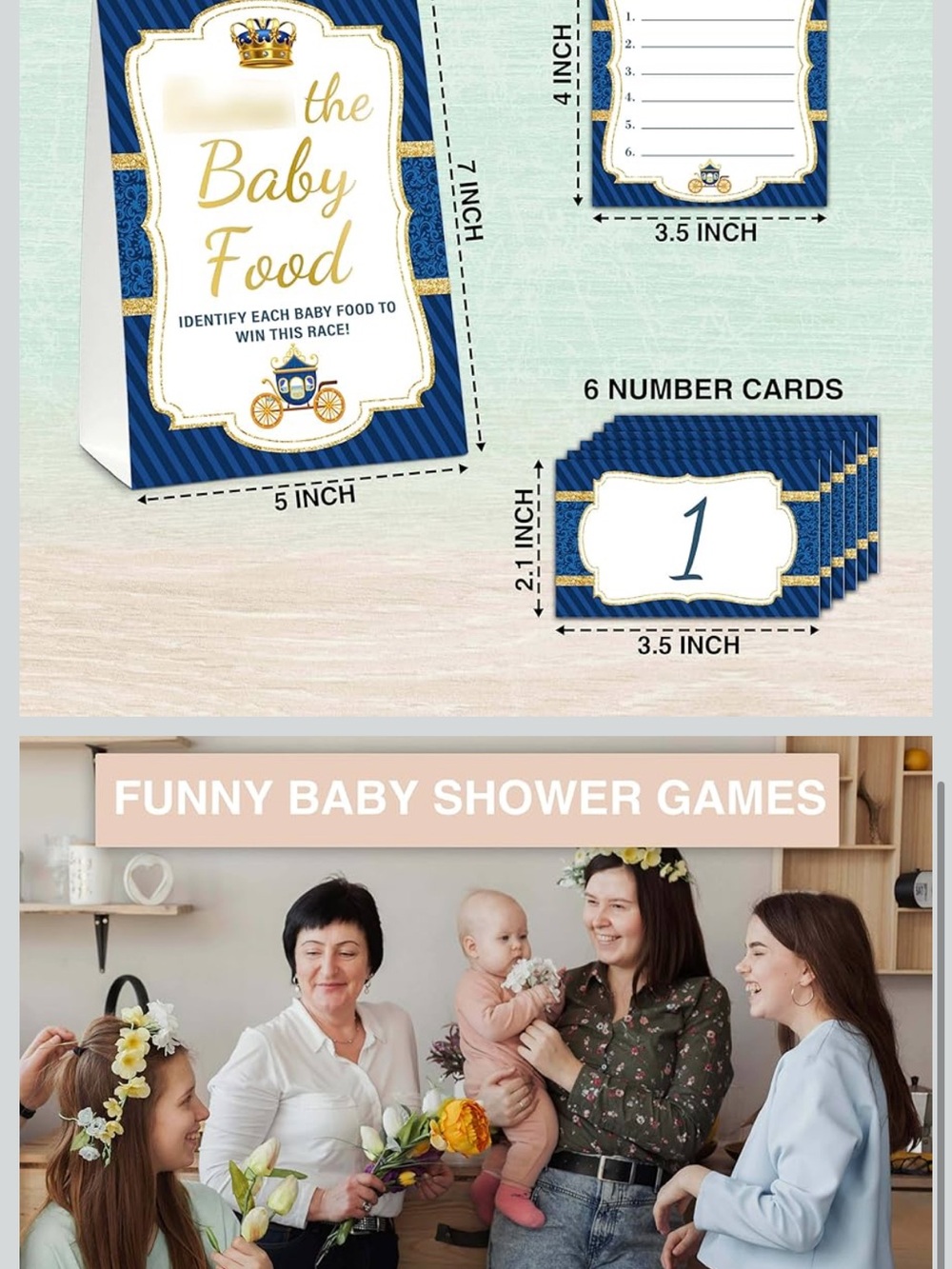 Baby Shower Game Cards - Navy Blue & Gold 'The Baby Food'